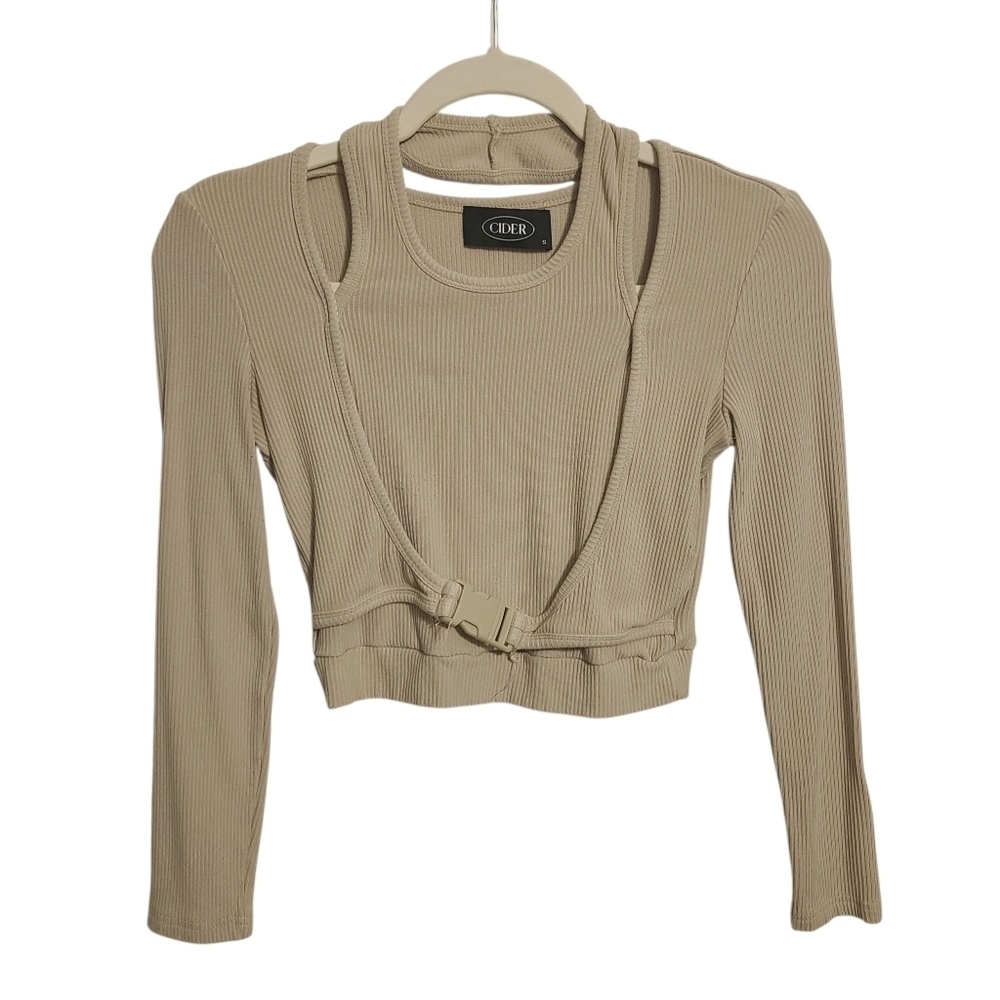 Cider | Women's Tan Ribbed Long Sleeve Top (Size Small)